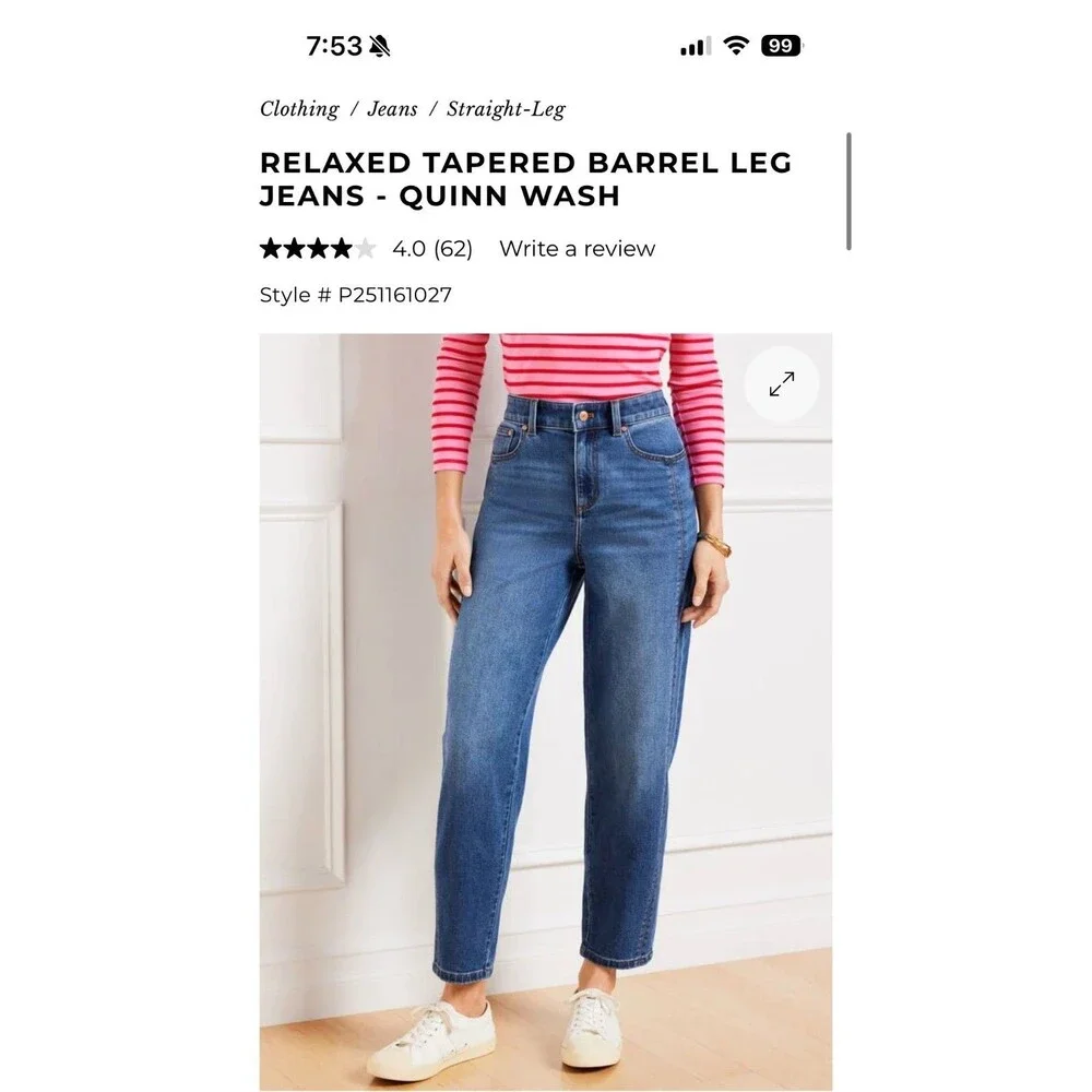 Talbots Relaxed Tapered Barrel Leg Denim Jeans Size 4 Quinn Wash - 431